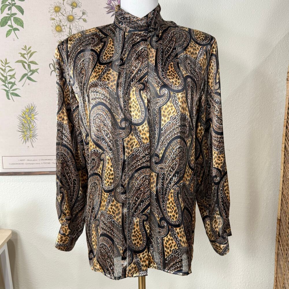 Vintage 80s 90s Satin Paisley Sheer Shirt Dark Romantic Goth Vampire Witchy S 6P